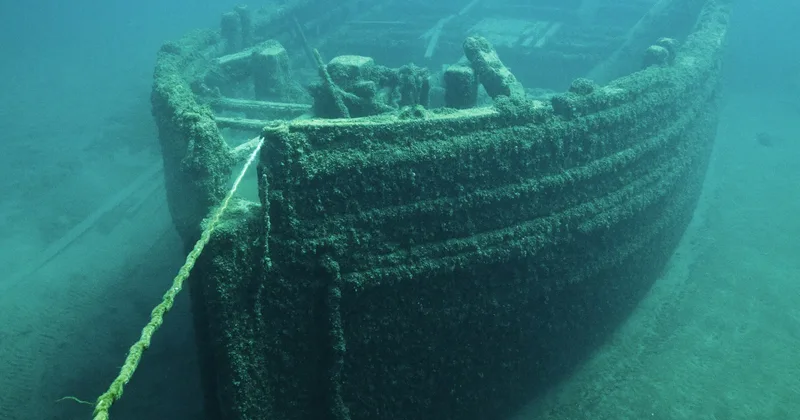 The wooden hull of a shipwreck on the seafloor