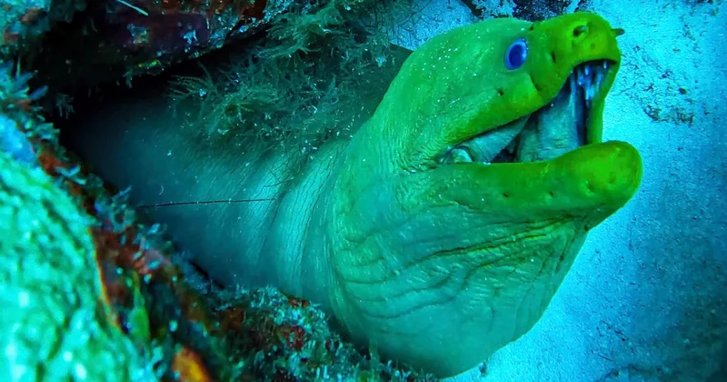 A green moray eel peering out of the reef