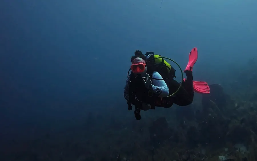Mariya waving underwater in pink fins